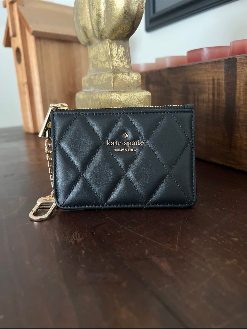 kate spade Quilted Black Leather Card Wallet with Gold Hardware and Key Clip